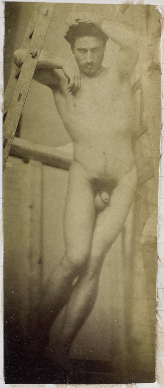 Studie eines männlichen Aktmodells, hängend in einem Holzgestell, im Atelier von Jacques de Lalaing von Jacques Lalaing (attributed to)