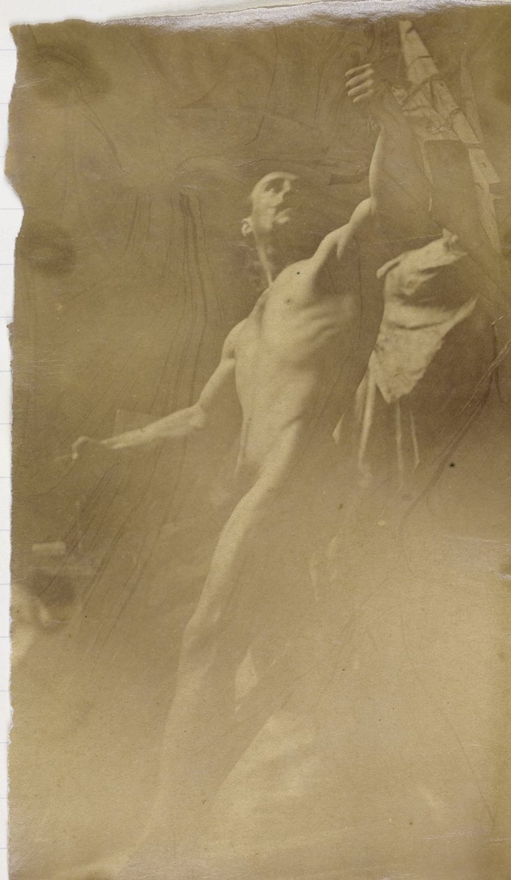 Studie eines männlichen Aktmodells mit der Hand in einer Halterung, von unten gesehen, im Atelier von Jacques de Lalaing von Jacques Lalaing (attributed to)