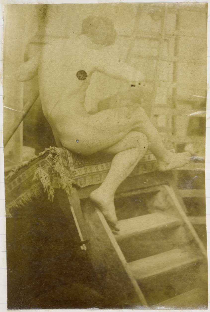Studie eines männlichen Aktmodells, von hinten gesehen und auf einer Treppe im Atelier von Jacques de Lalaing sitzend von Jacques Lalaing (attributed to)