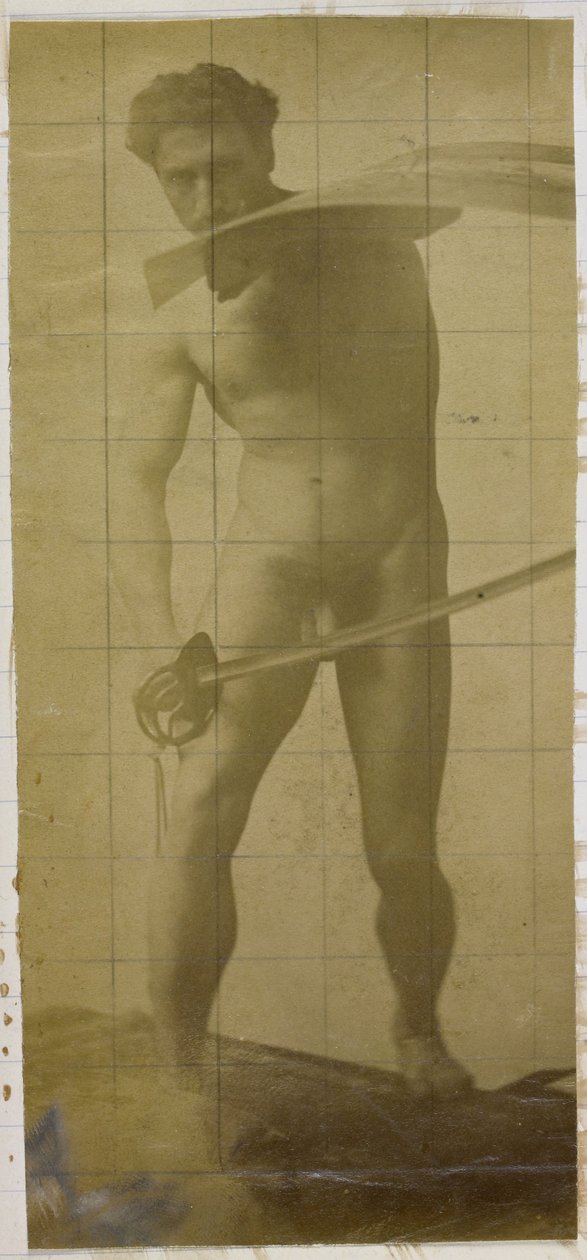 Studie eines männlichen Aktmodells, stehend mit Schwert und Schild in den Händen, im Atelier von Jacques de Lalaing von Jacques Lalaing (attributed to)
