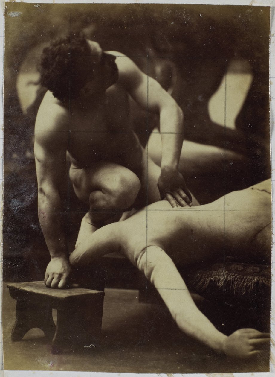 Studie eines männlichen Aktmodells, das mit einer Gliederpuppe ringt, im Atelier von Jacques de Lalaing von Jacques Lalaing (attributed to)