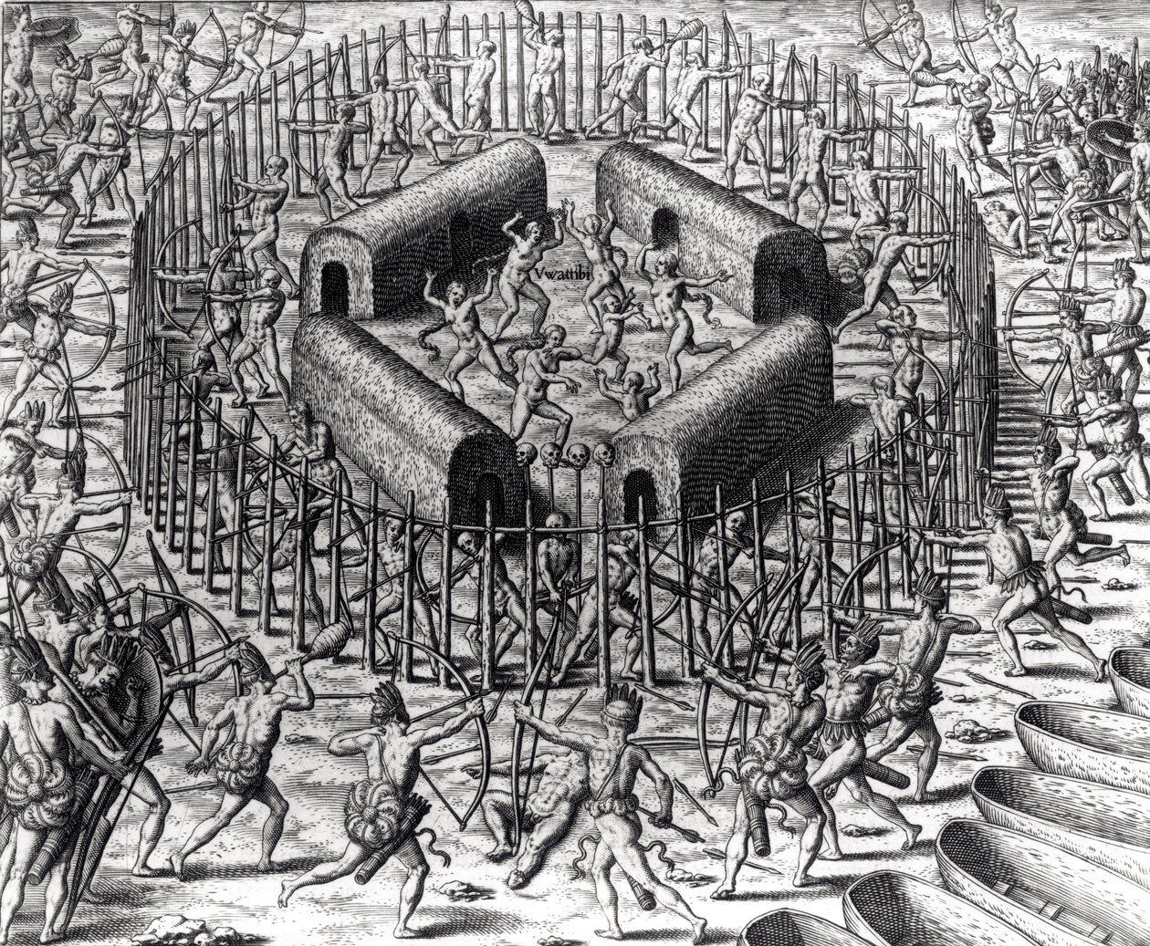 Johannes Staden hilft, die Indianer zu verteidigen, die ihn gefangen genommen haben, gegen die Tuppin Tkins, graviert von Theodore de Bry (1528-98), aus 