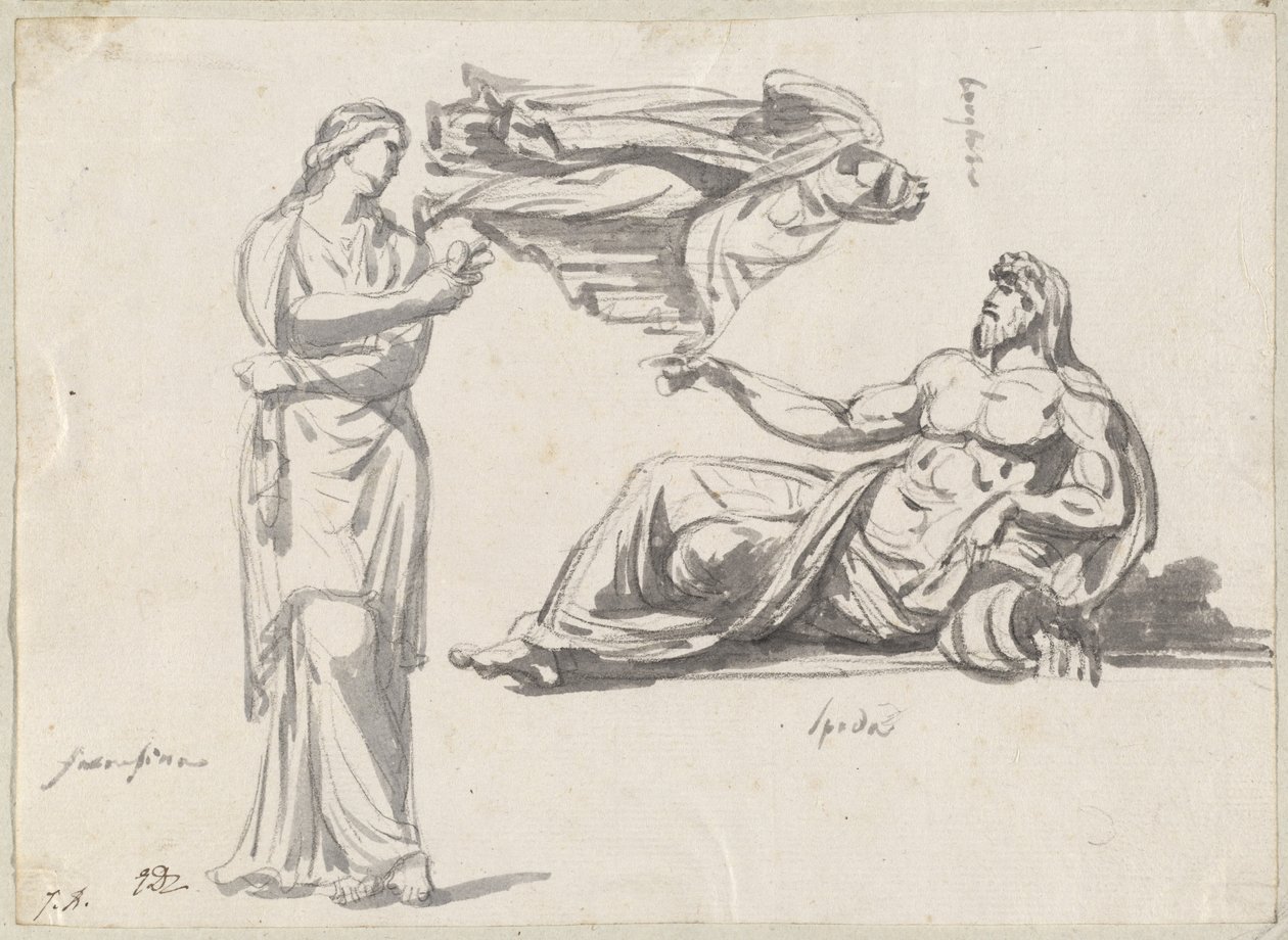 Ein Flussgott und zwei klassische Skulpturen von Jacques Louis David