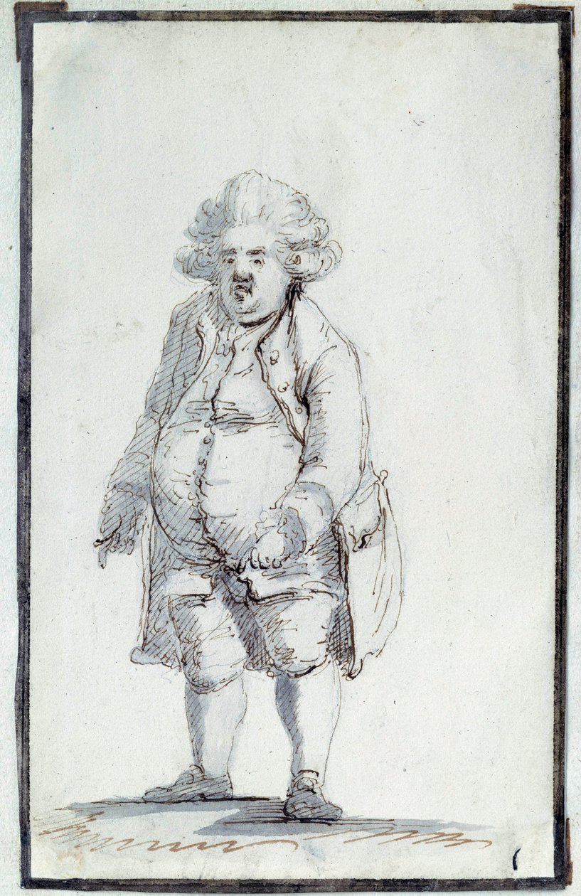 Französische Revolution: „Karikatur von Mirabeau-Tonneau“ Andre Boniface Louis Riquetti (1754-1792), Viscount de Mirabeau, bekannt als „Mirabeau-Tonneau“ (Mirabeau Tonneau) wurde wegen seiner Korpulenz als Fass bezeichnet. Zeichnung in brauner Tinte von Ja von Jacques Louis David