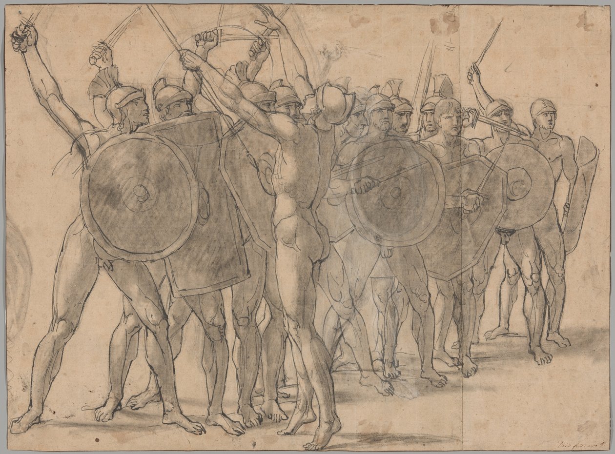 Nackte Soldaten, die mit ihren Waffen gestikulieren (recto); Zwei Draperiestudien für die Figur von Tatius (verso) von Jacques Louis David