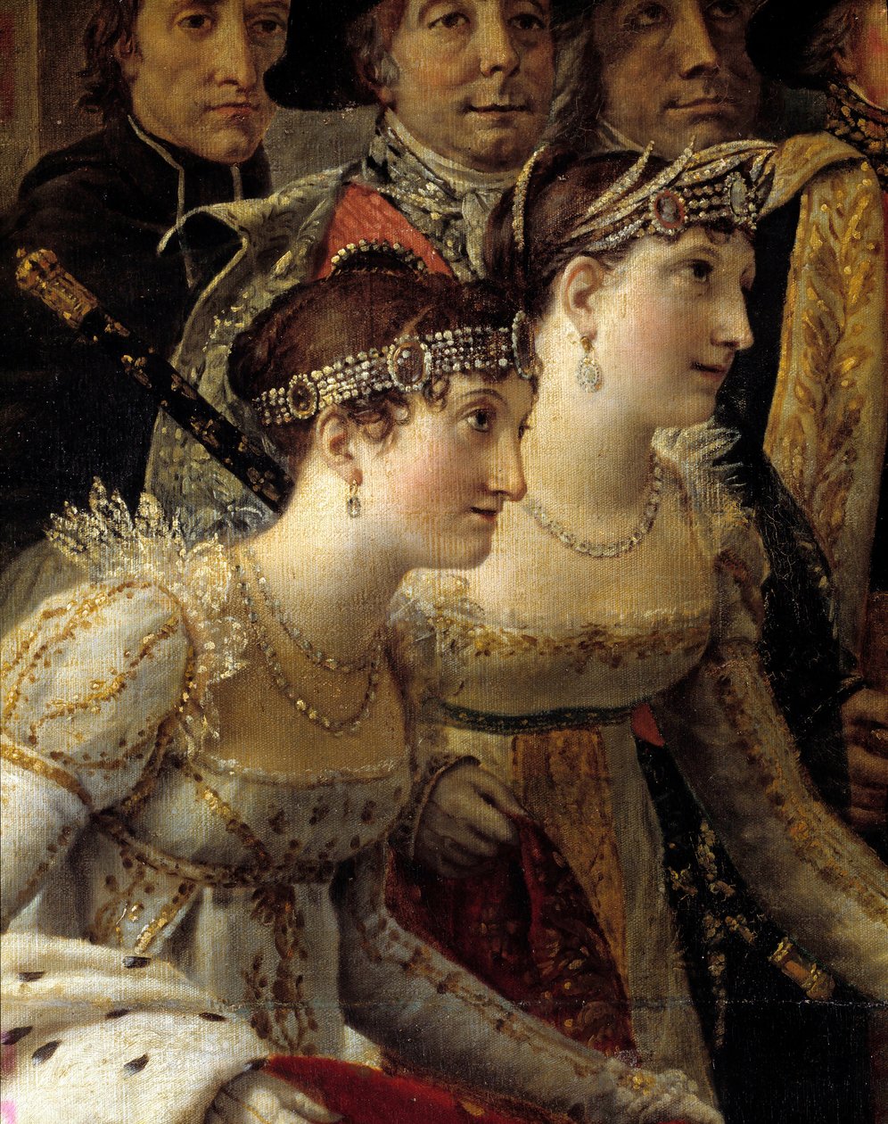 Das Ritual Napoleons. Detail, das Madame de la Rochefoucault und Madame Lavalette während der Krönung von Kaiser Napoleon I. und Kaiserin Josephine in Notre-Dame de Paris am 2. Dezember darstellt von Jacques Louis David
