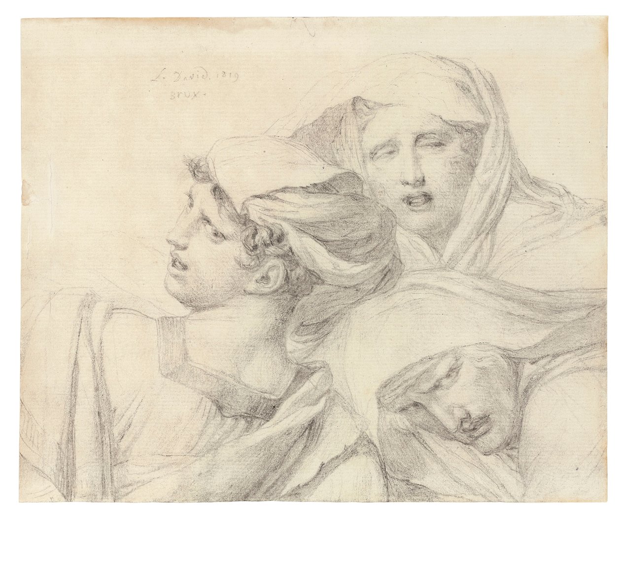 Drei Frauen in klassischer Kleidung, Brustlänge, mit gequälten Ausdrücken, 1819 von Jacques Louis David
