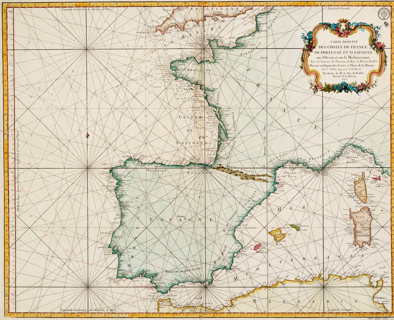 Karte von Westeuropa mit dem Pariser Meridian als Nullmeridian von Jacques Nicolas Bellin