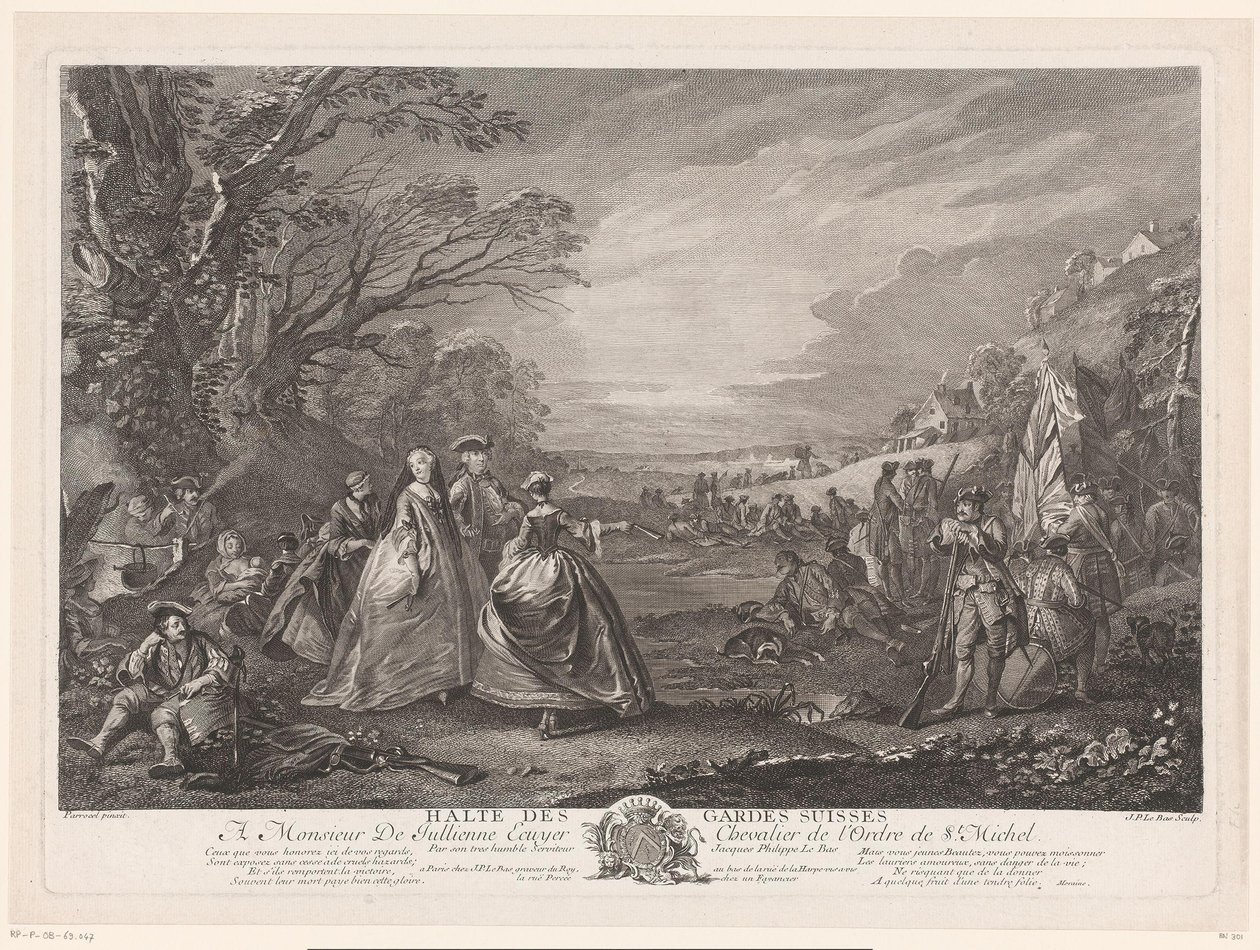 Landschaft mit vier Figuren, die ein Lager besuchen von Jacques Philippe Le Bas