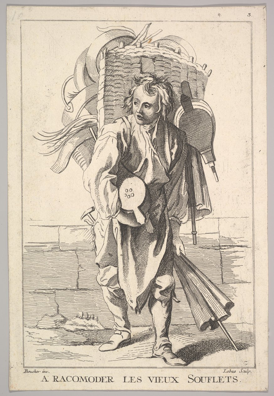 Umgekehrte Kopie von A Racomoder les Vieux Souflets Mend the Old Bellows, aus Le Cri..., 18. Jahrhundert von Jacques Philippe Le Bas