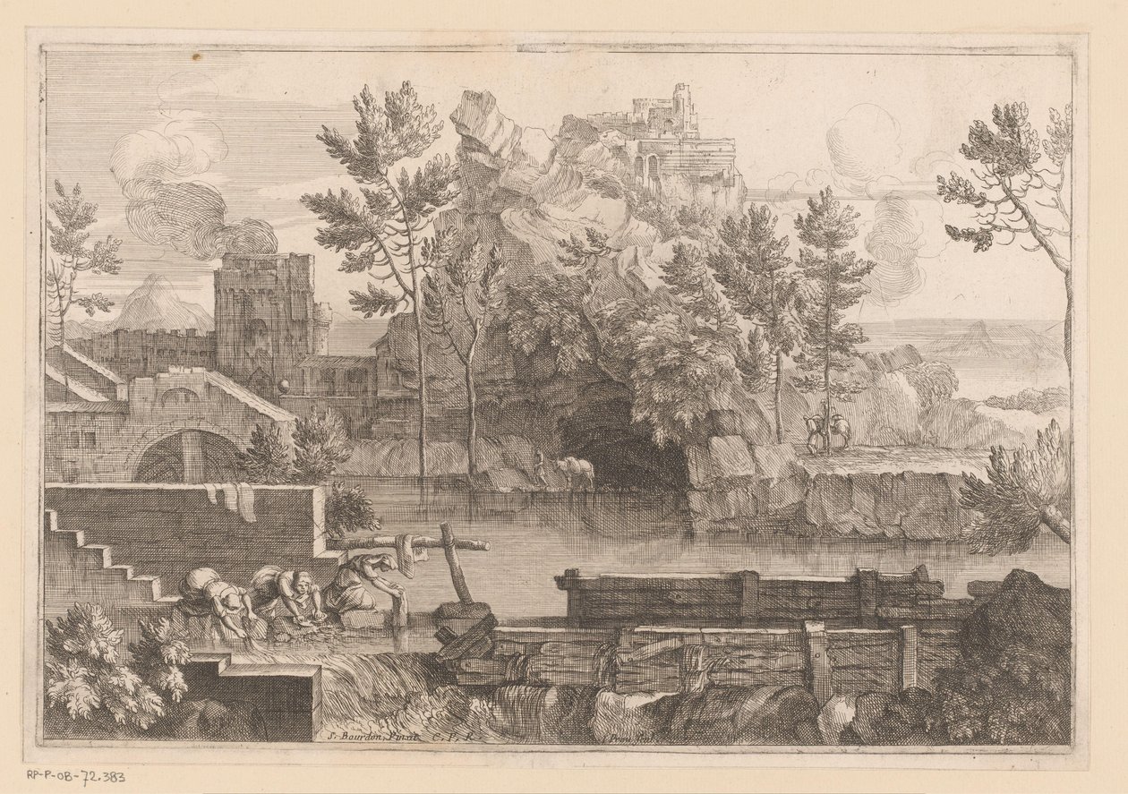 Landschaft mit See und drei badenden Frauen von Jacques Prou