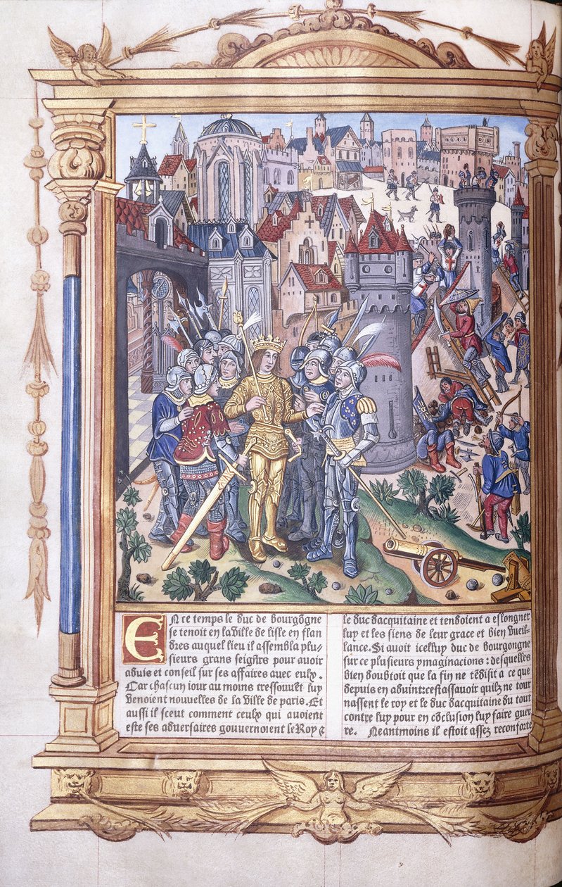 Illuminierte Handschrift, die einen König und seine Armee vor einer Stadt darstellt, 1503-04 von Jacques de Besancon