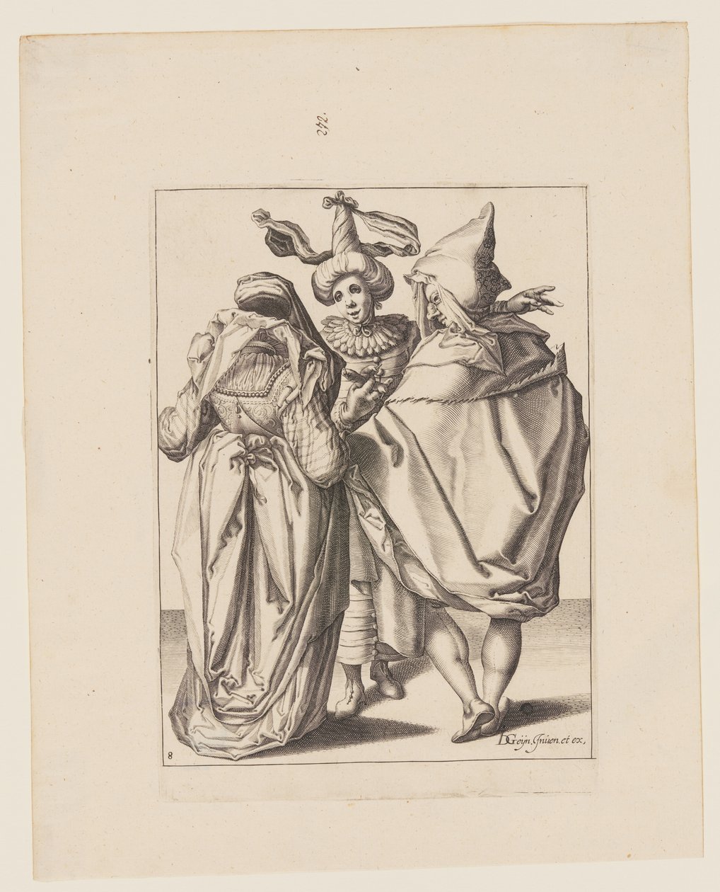 Ein Paar spricht mit einem gestikulierenden jungen Mann, aus Die Maskeraden von Jacques de Gheyn II