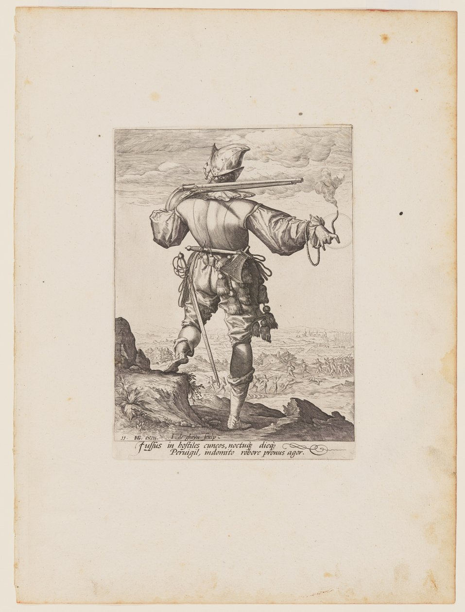 Helmtragender Musketier, aus Offiziere und Soldaten der Leibgarde von Kaiser Rudolf II. von Jacques de Gheyn II