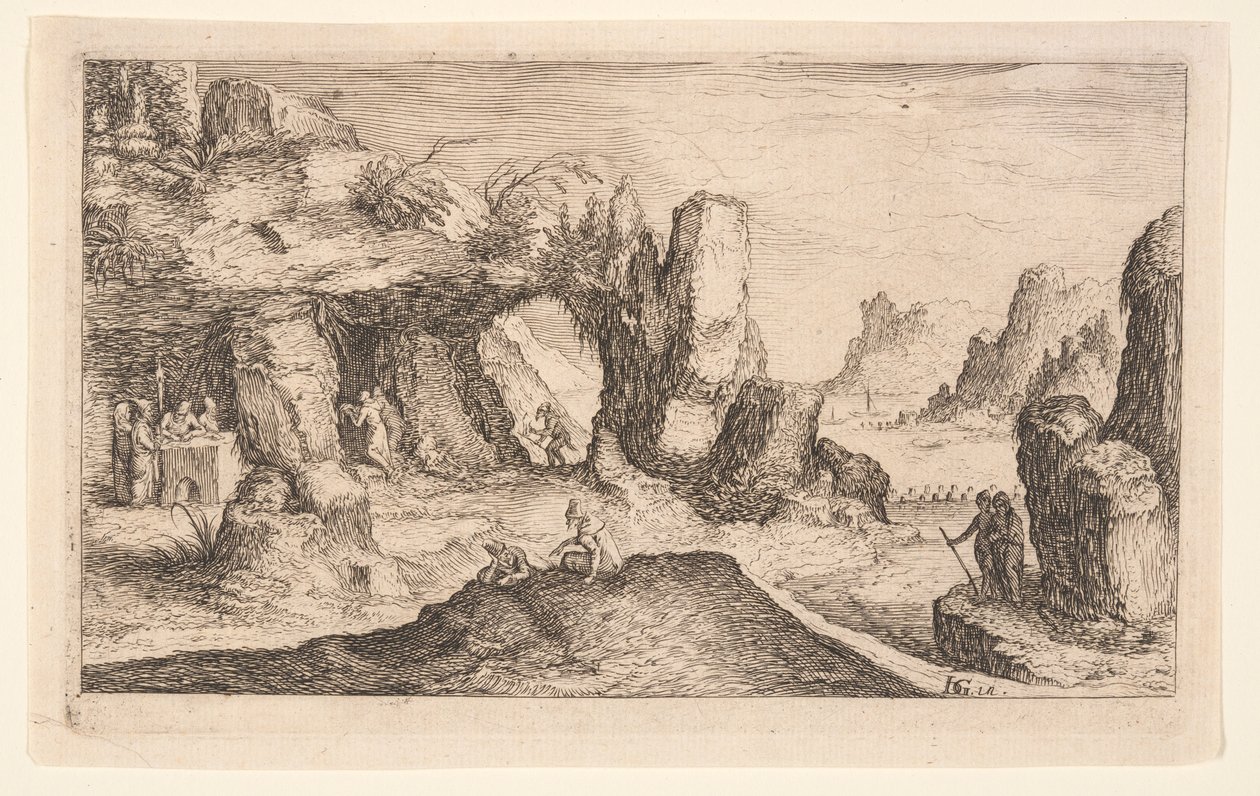 Landschaft mit einer Grotte und Einsiedlern, aus Landschaften von Jacques de Gheyn II
