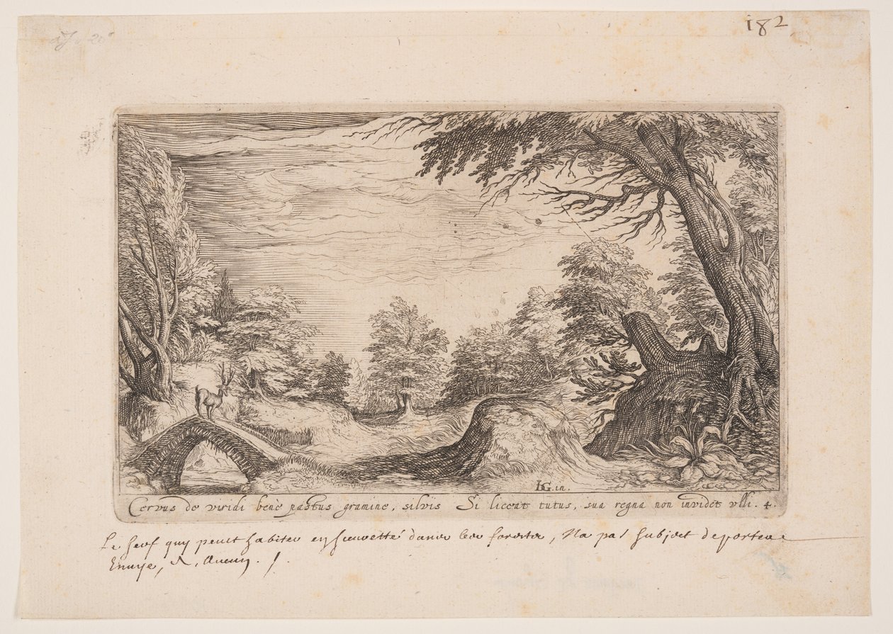 Landschaft mit einem Hirsch auf einer Brücke, aus Landschaften von Jacques de Gheyn II