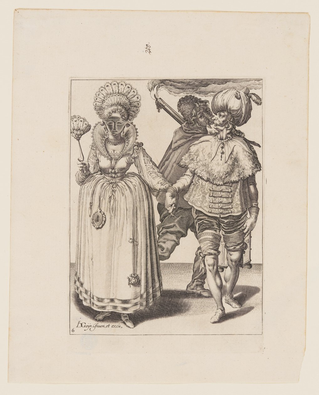 Mann mit Turban führt eine Frau mit Pfauenfedern, hinter ihnen ein Fackelträger, aus Die Maskeraden von Jacques de Gheyn II