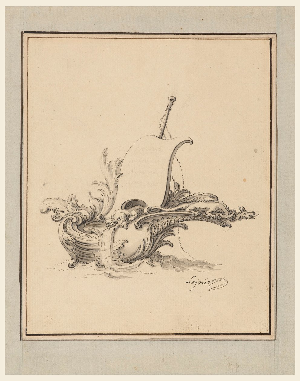 Entwurf für ein Wappen in Form eines Bootes mit Segel, für Recueil Nouveau de Differens Cartouches, 1734 von Jacques de Lajoüe