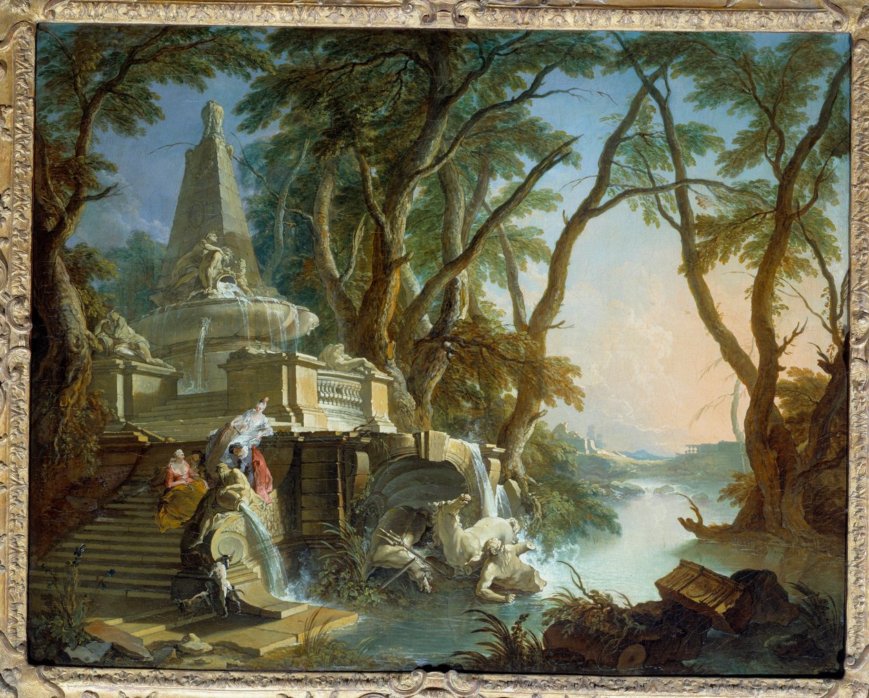Komponierte Landschaft oder „Der Fluss“. Pyramidenbrunnen mit Neptunstatue, zerbrochen. Gemälde von Jacques de Lajoue, 18. Jahrhundert von Jacques de Lajoüe