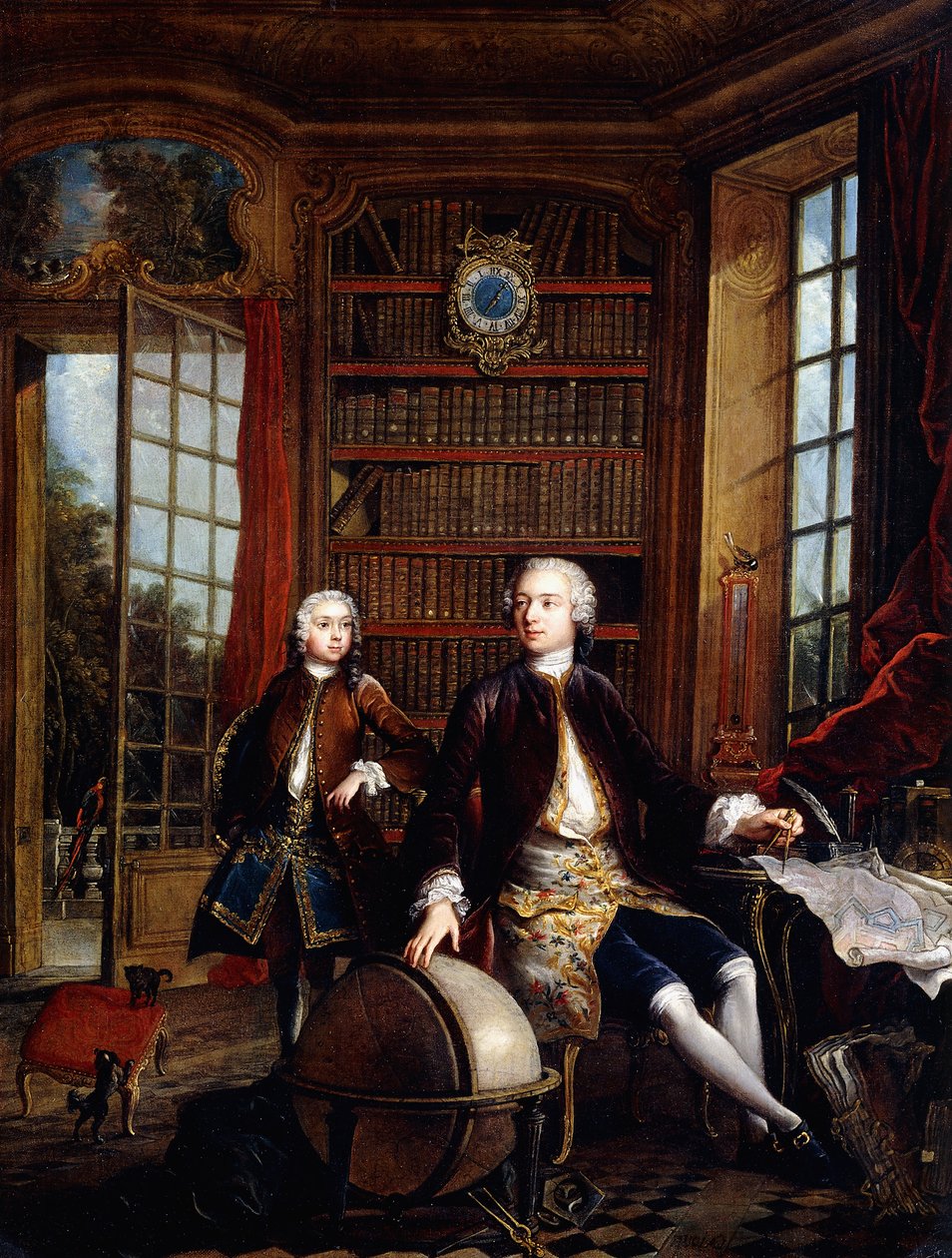 Porträt des Sohnes des Künstlers mit seinem Lehrer, angeblich der Künstler Jean Baptiste de Courtonne der Jüngere, in einer Bibliothek von Jacques de Lajoüe