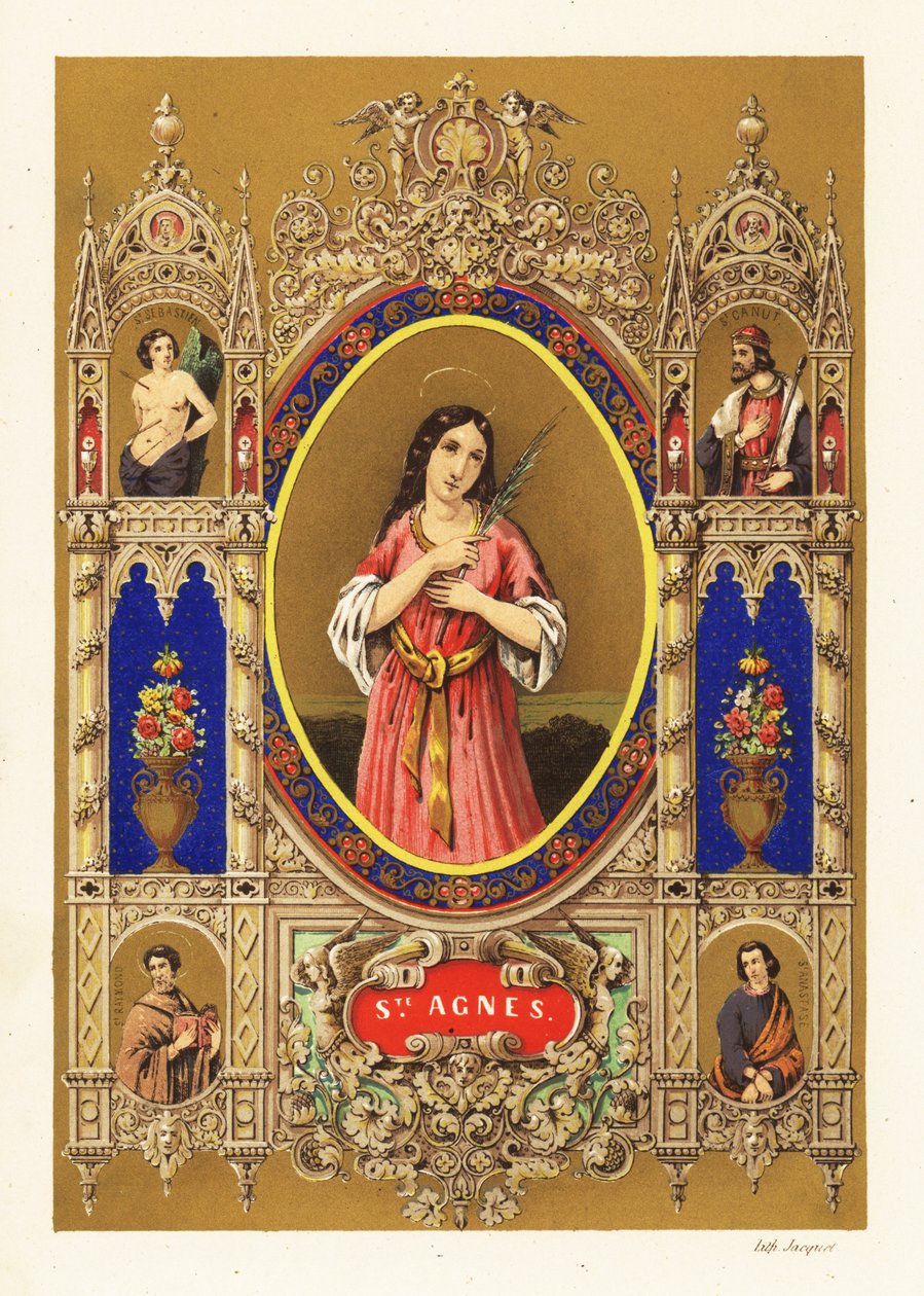 Porträt der Heiligen Agnes von Rom, Jungfrau und Märtyrerin, mit Heiligenschein und Palmwedel innerhalb eines dekorativen Rahmens von Jacquet Jacquet