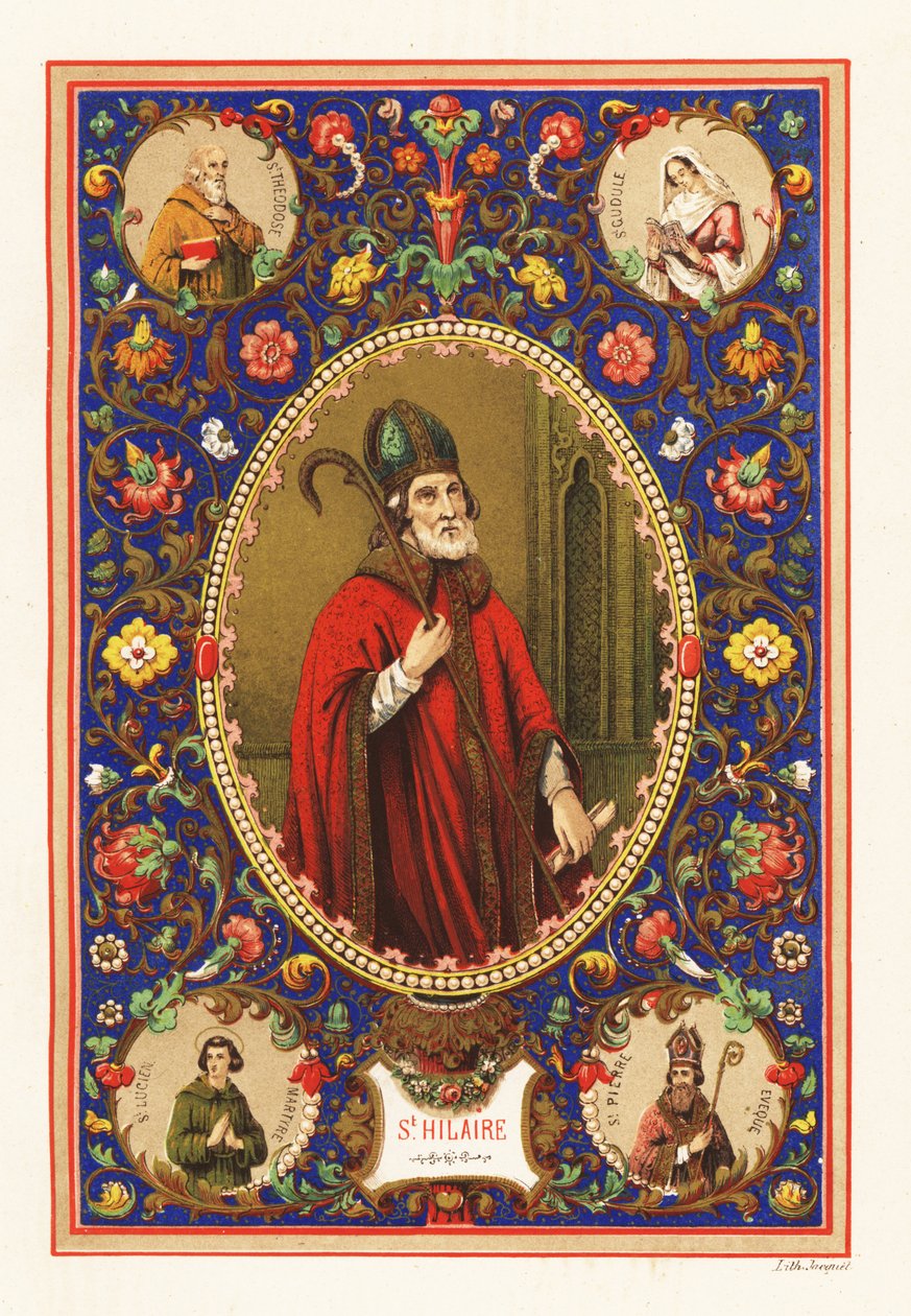 Porträt des Heiligen Hilarius, Bischof von Poitiers, mit Mitra und Krummstab, innerhalb eines dekorativen Rahmens aus Laub von Jacquet Jacquet