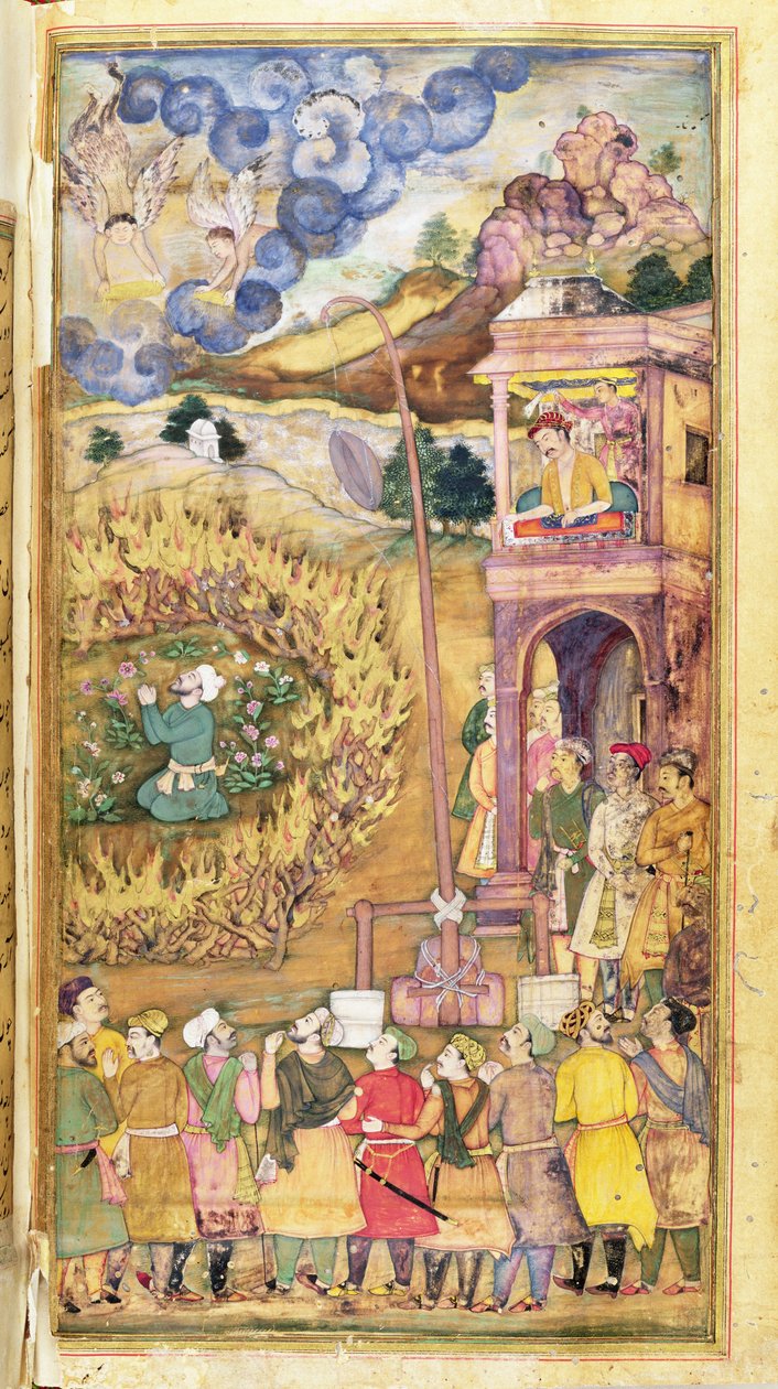 Ibrahim Khalil betet innerhalb eines Kreises aus brennenden Holzscheiten, aus dem Hadiqat Al-Haqiqat (Der Garten der Wahrheit) von Hakim Sana