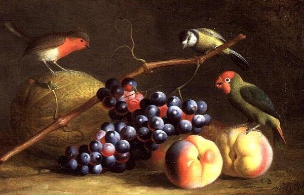 Drei Vögel mit Pfirsichen, Trauben und einer Melone von Jakob Bogdani or Bogdany