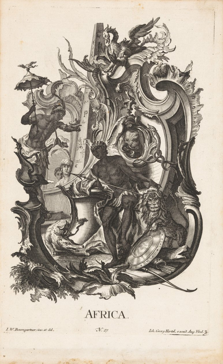 Rocaille mit der Personifikation des Kontinents Afrika. Die vier Kontinente von Jakob Gottlieb Thelott