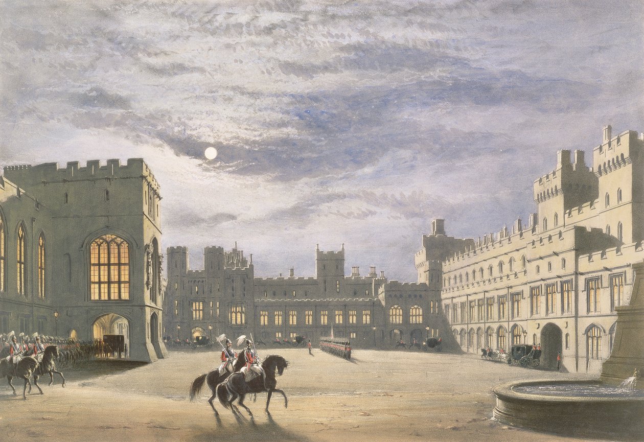 Staatsempfang eines königlichen Besuchers, der Innenhof bei Mondschein, Windsor Castle, 1838 von James Baker Pyne