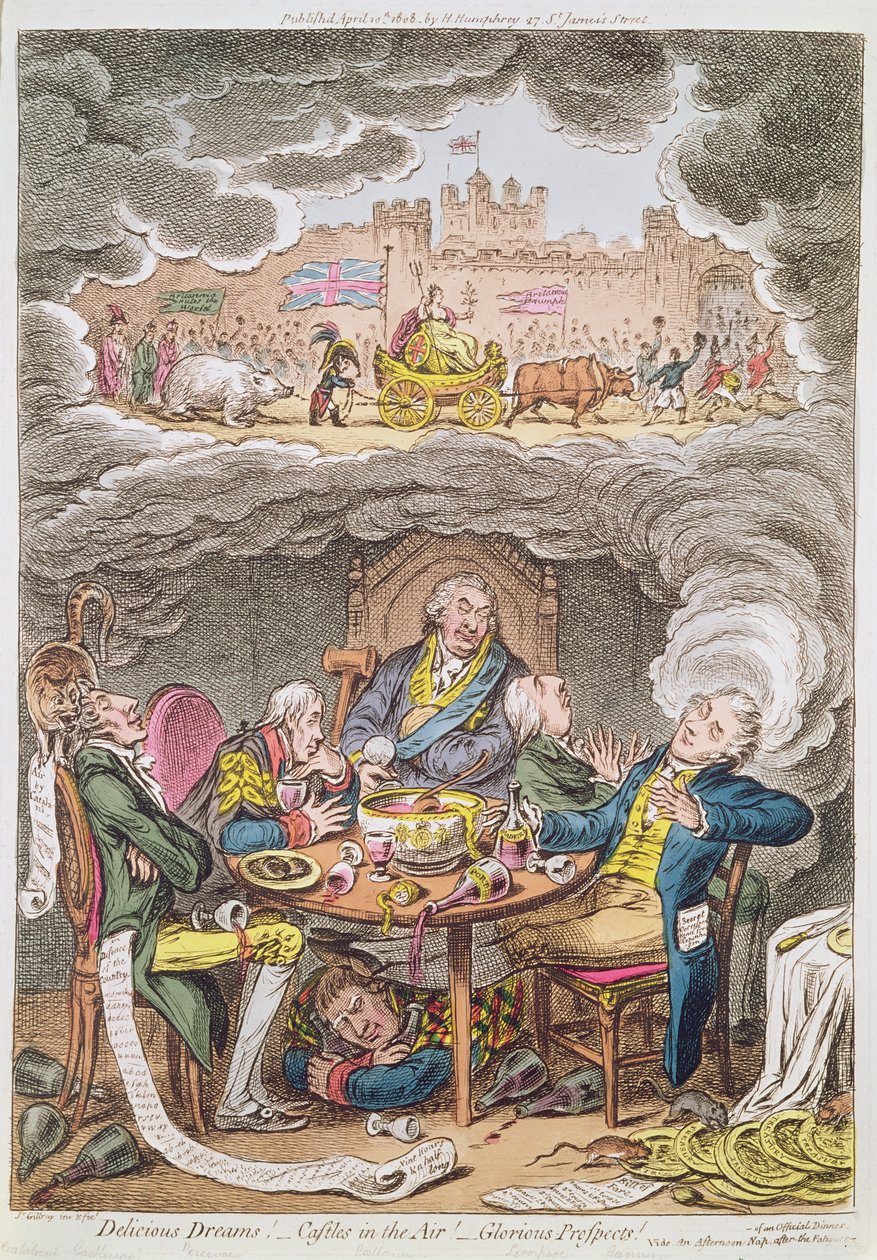 Köstliche Träume! Luftschlösser! Herrliche Aussichten! siehe Ein Nachmittagsschlaf nach der Ermüdung eines offiziellen Dinners, Karikatur, die Lord Portland und seine Minister darstellt, 1808 von James Gillray