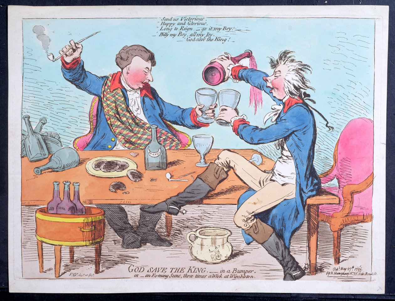 Gott schütze den König - in einem Becher, oder Eine Abendszene dreimal die Woche in Wimbleton, veröffentlicht von Hannah Humphrey im Jahr 1795 von James Gillray