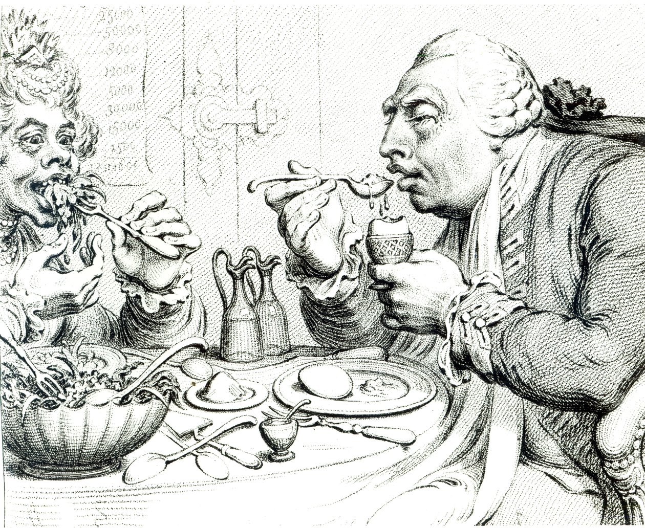 Mäßigkeit genießt eine bescheidene Mahlzeit, Karikatur von George III und Königin Charlotte von James Gillray
