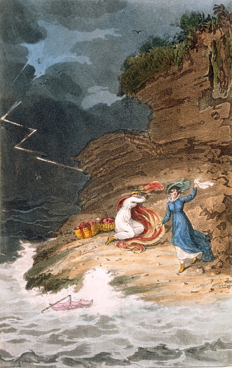 Zwei frühe Regency-Schönheiten von einem Sturm am Ufer überrascht, graviert von Joseph Constantine Stadler, ca. 1795-1805 von James Green