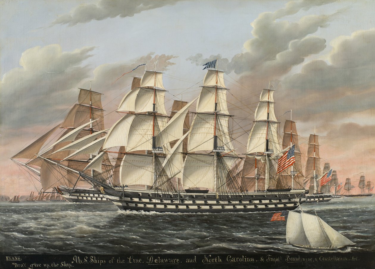 US-Linienschiffe und Fregatten Delaware und North Carolina, Brandywine und Constellation, 1848 von James Guy Evans