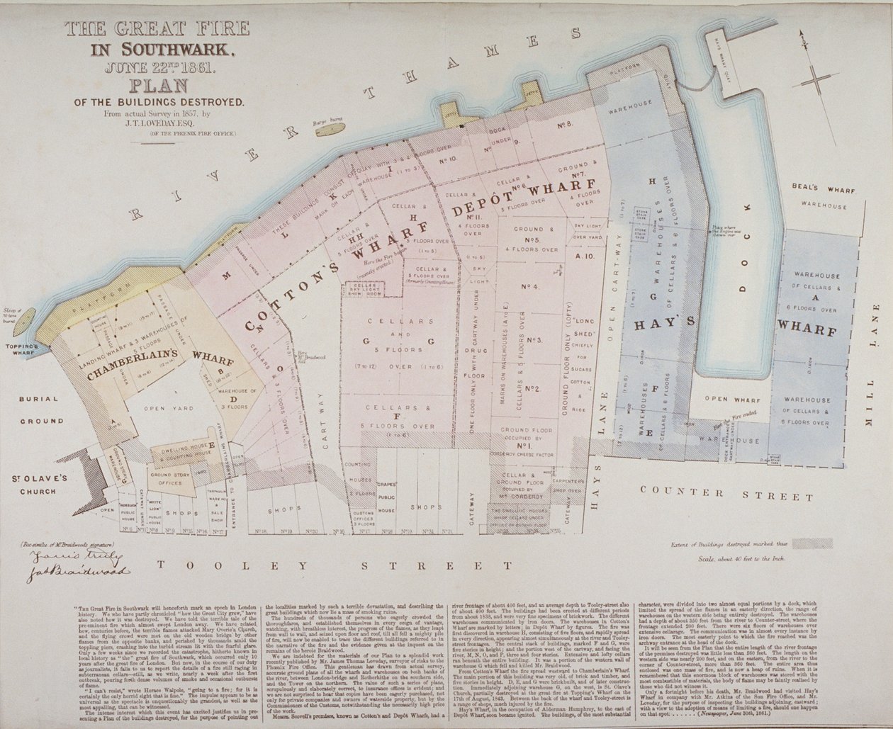 Plan der bei Chamberlains Wharf, Cottons Wharf und Hays Wharf im Cottons Wharf Feuer von 1861 zerstörten Gebäude von James Thomas Loveday