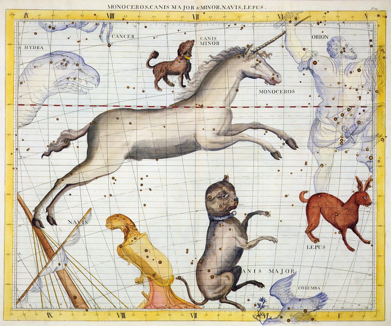 Konstellation des Einhorns mit dem Großen und Kleinen Hund, Tafel 13 aus 