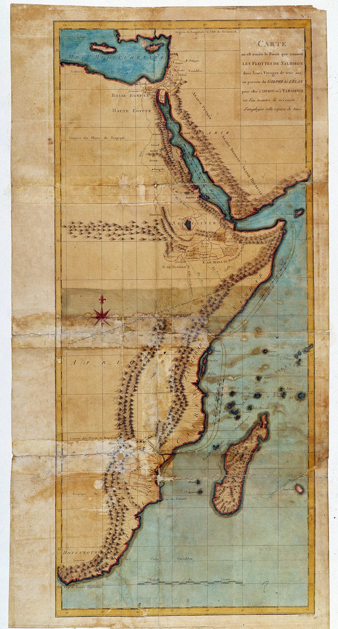 Karte von Ostafrika (Karte der Route, die die Flotten Salomons nahmen) - in „Reise nach Nubien und Abessinien unternommen, um die Quellen des Nils in den Jahren 1768 bis 1772 zu entdecken“, von James Bruce, Paris von James Bruce