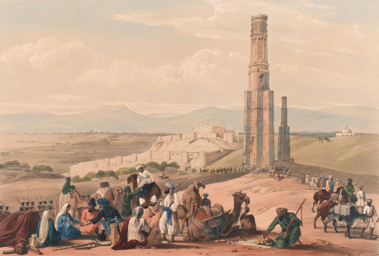 Die Festung und Zitadelle von Ghazni und die beiden Minarette, ca. 1839 von James (after) Atkinson