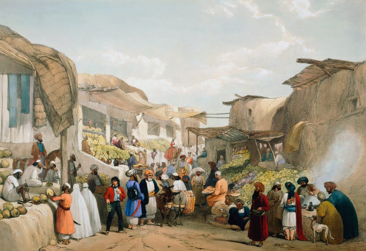 Basar in Kabul während der Obstzeit, Erster Anglo-Afghanischer Krieg, 1838-1842 von James Atkinson