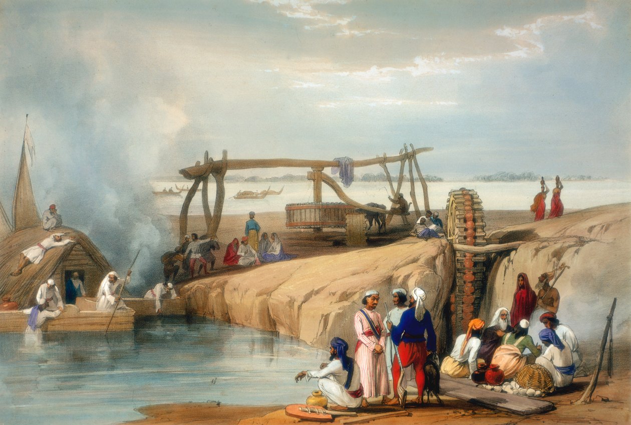Persisches Rad, das Wasser aus dem Sutlej-Fluss hebt, Punjab, 1842 von James Atkinson