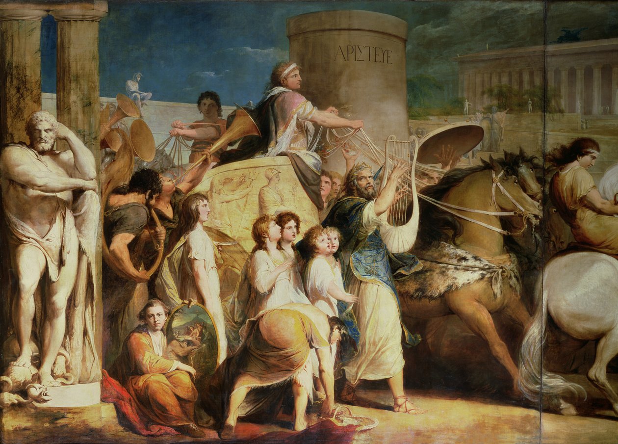 Krönung der Sieger in Olympia, drittes in der Serie "Der Fortschritt der menschlichen Kultur und des Wissens", (Detail) des Wagenlenkers, Hiero von Syrakus und Sieger, ca. 1777-84 von James Barry