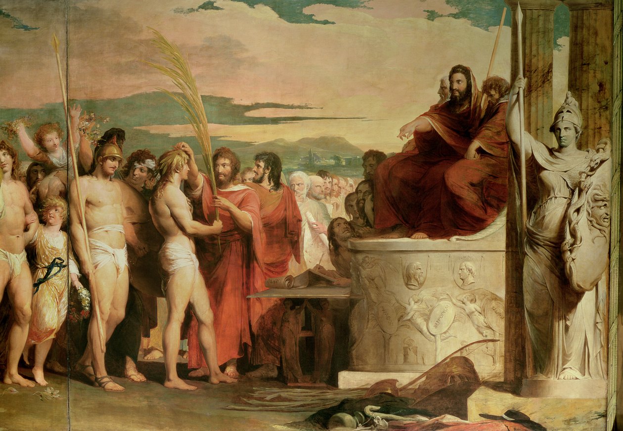 Krönung der Sieger in Olympia, dritte in der Serie Der Fortschritt der menschlichen Kultur und des Wissens, Detail der Sieger, die vor den Hellanodiken gekrönt werden, ca. 1777-84 von James Barry