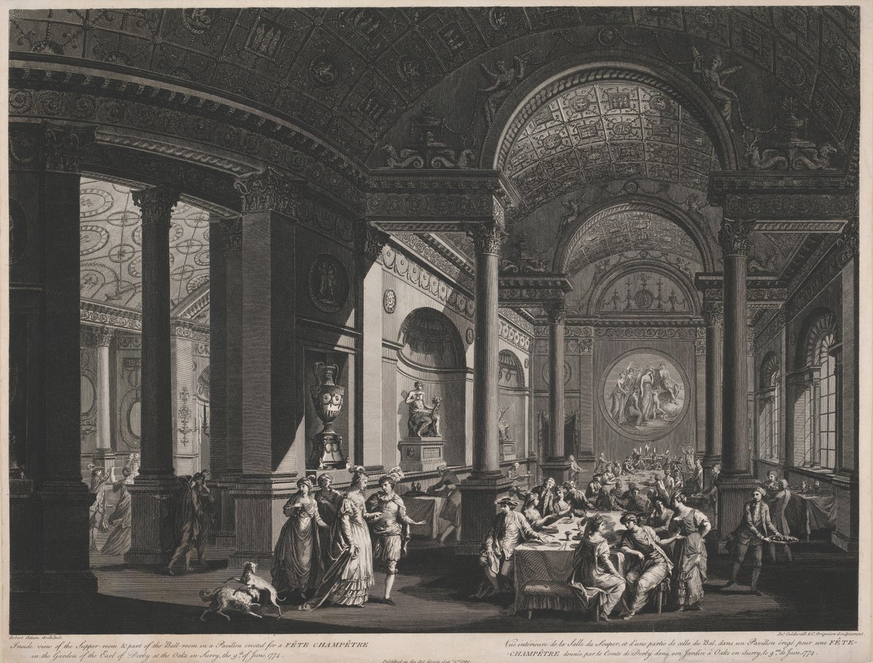 Innenansicht des Speisesaals und eines Teils des Ballsaals in einem Pavillon, der für ein Fete Champetre im Garten des Earl of Derby errichtet wurde von James Caldwall