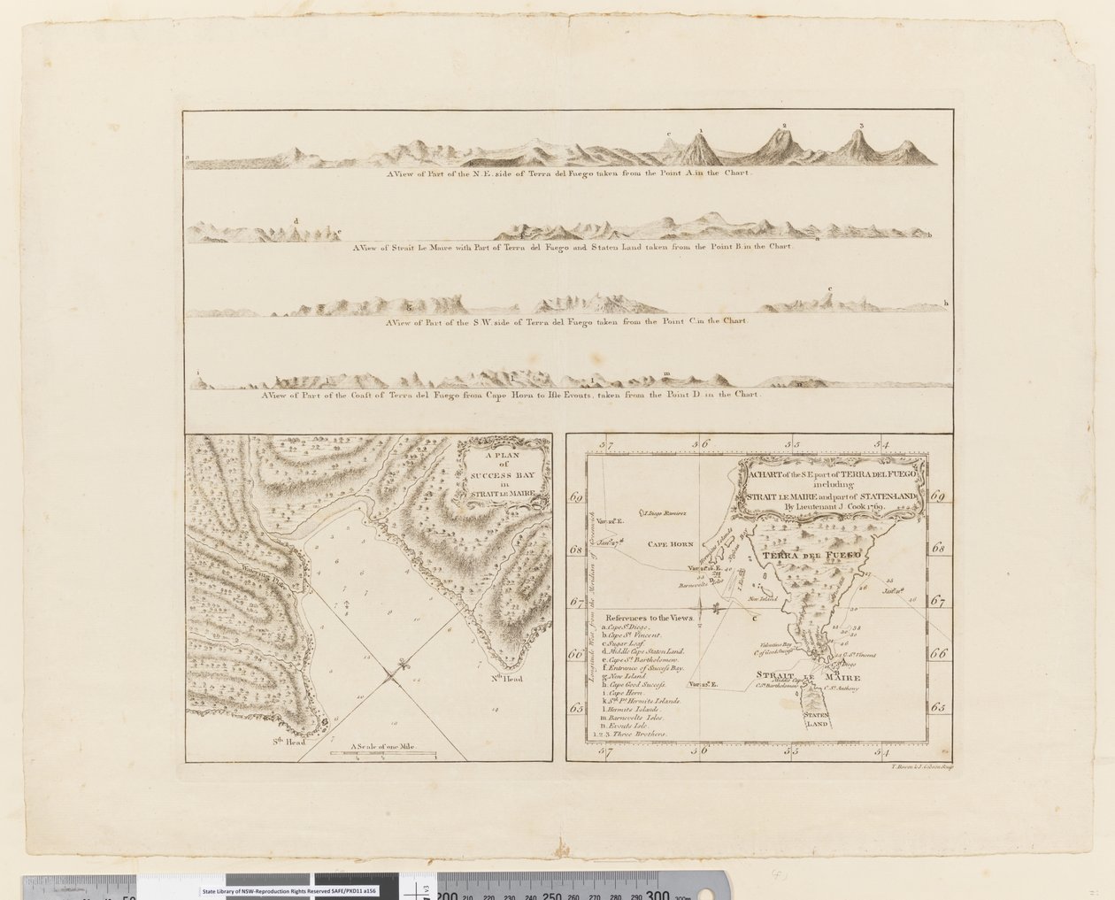 Vier Profile der Küste von Terra del Fuego, ein Plan der Success Bay in der Straße Le Maire, eine Karte des südöstlichen Teils von Terra del Fuego, graviert von T. Borven und J. Gibson von James Cook