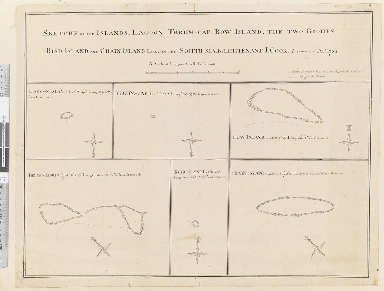 iii. Skizzen der Inseln Lagune, Thrum-Cap, Bow-Island, die Zwei Gruppen, Vogelinsel und Ketteninsel, im Süden, Meer... entdeckt im April 1769 von James Cook
