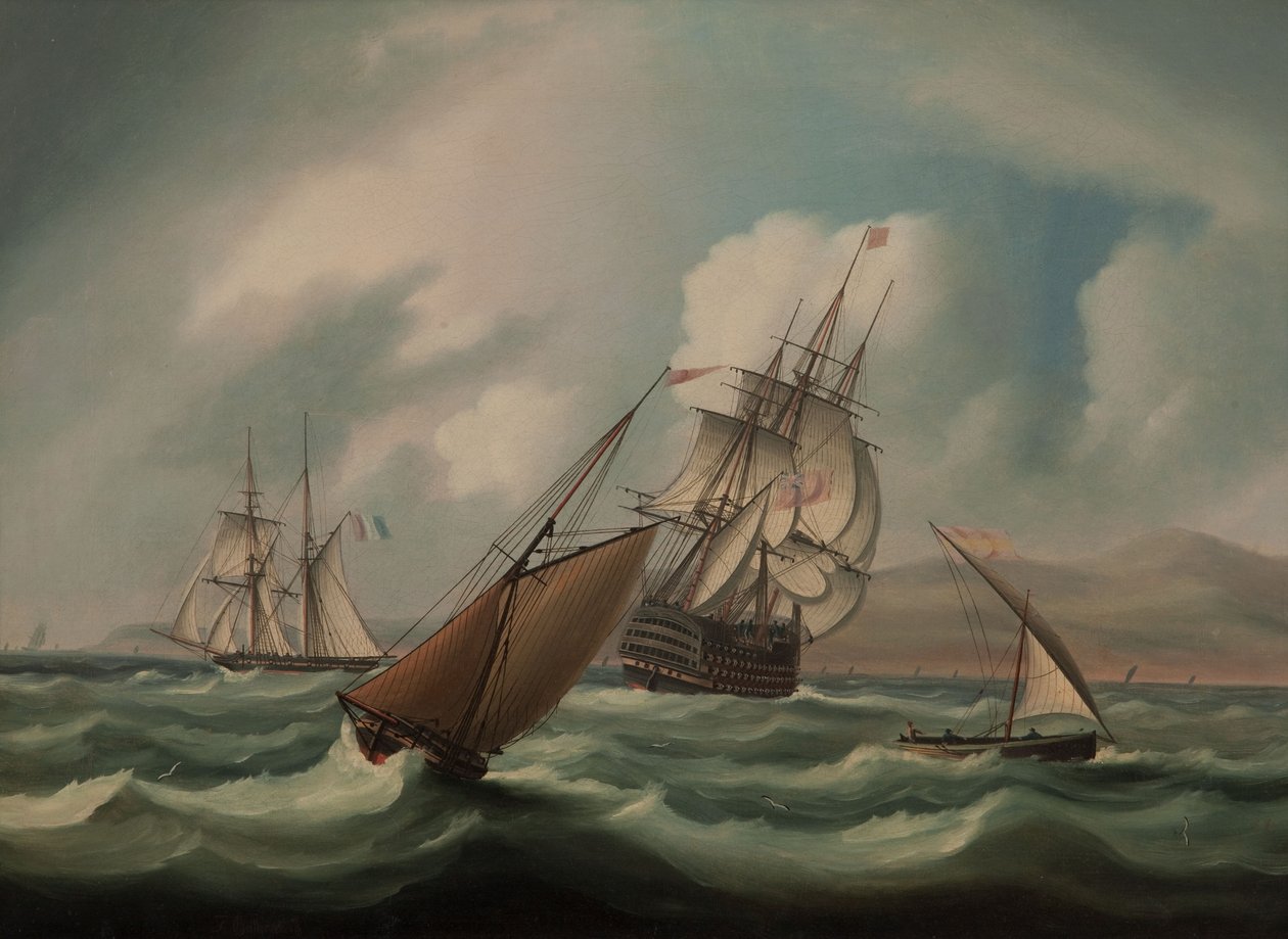 Erstrangiges Schiff und andere Schiffe vor der spanischen Küste von James E. Buttersworth