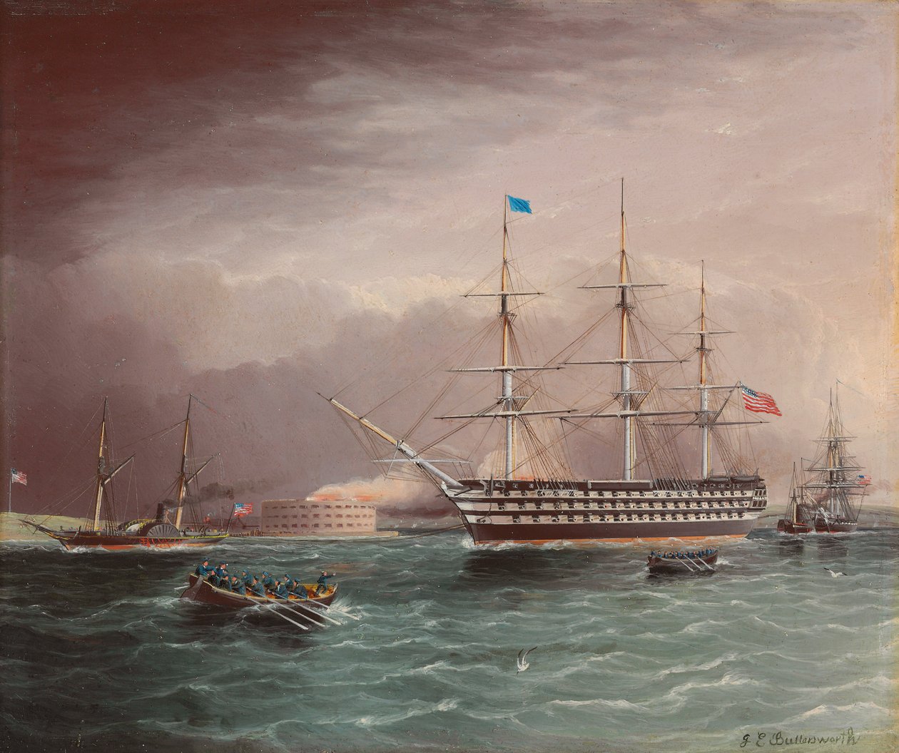 Die U.S.S. Pennsylvania im Schlepp beim Ausbruch des amerikanischen Bürgerkriegs mit Fort Monroe im Hintergrund von James E. Buttersworth