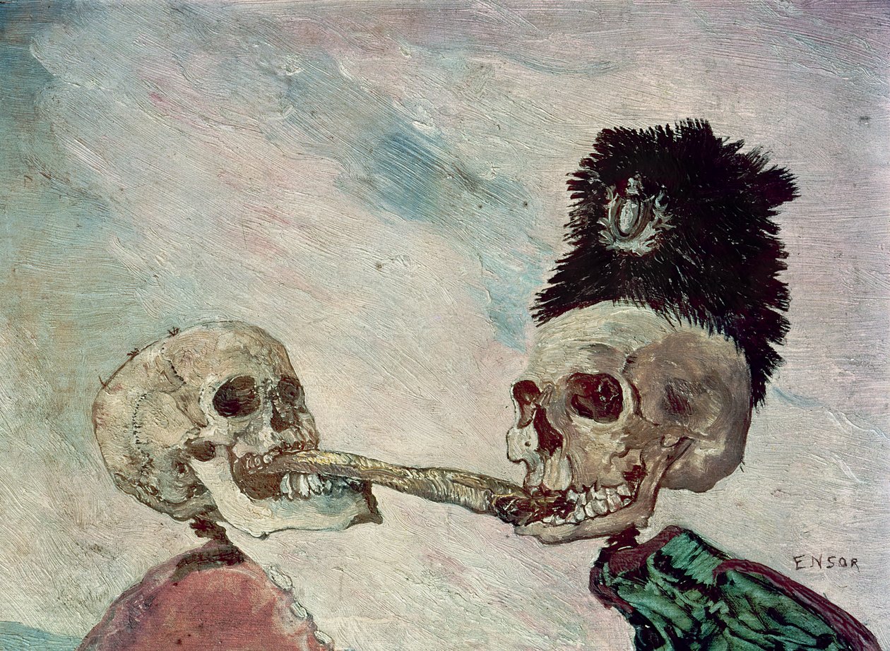 Skelette kämpfen um einen Hering von James Ensor
