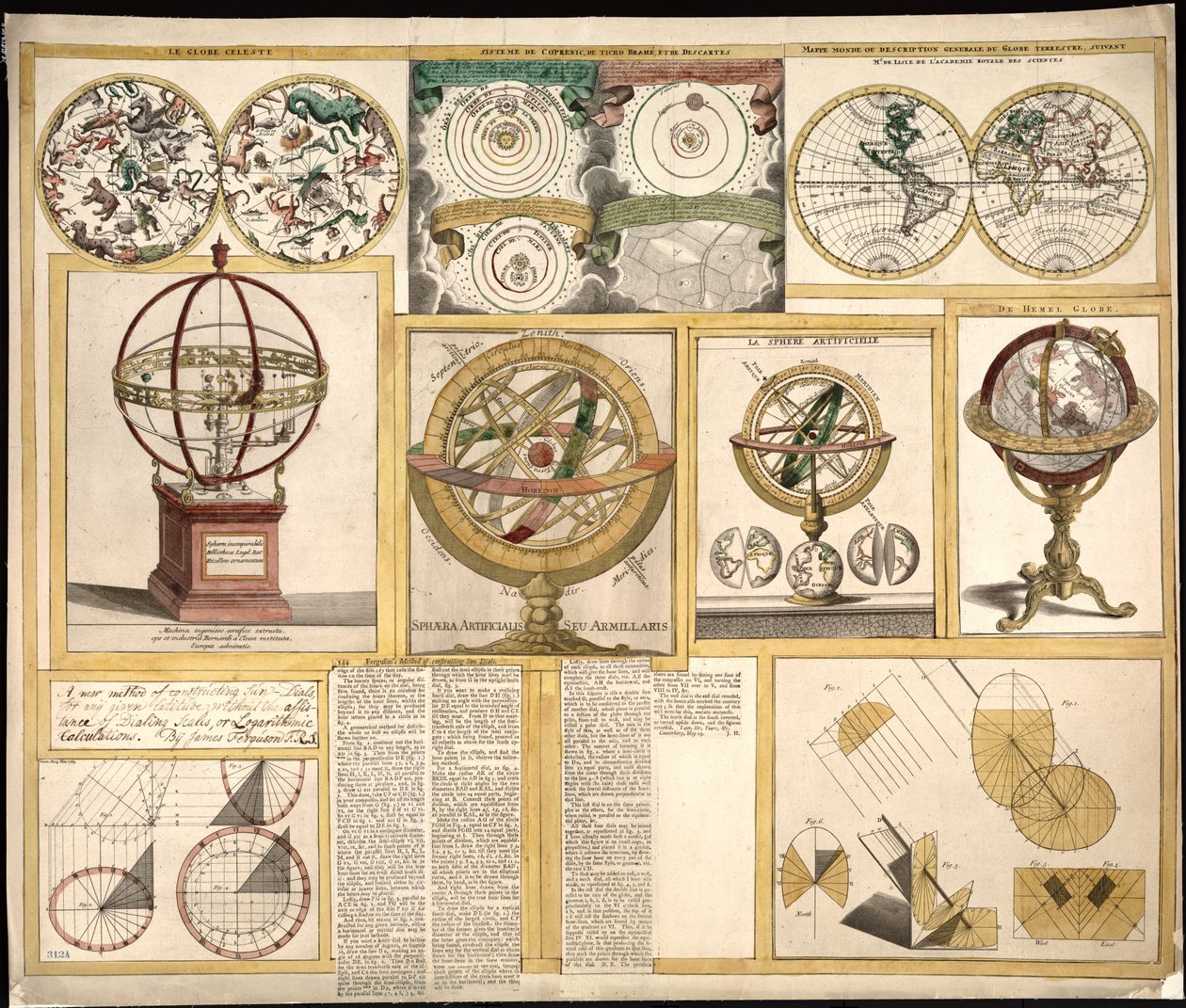 Sammlung von neun Bildern, darunter astronomische Instrumente, Himmelskarten und eine Weltkarte von James Ferguson
